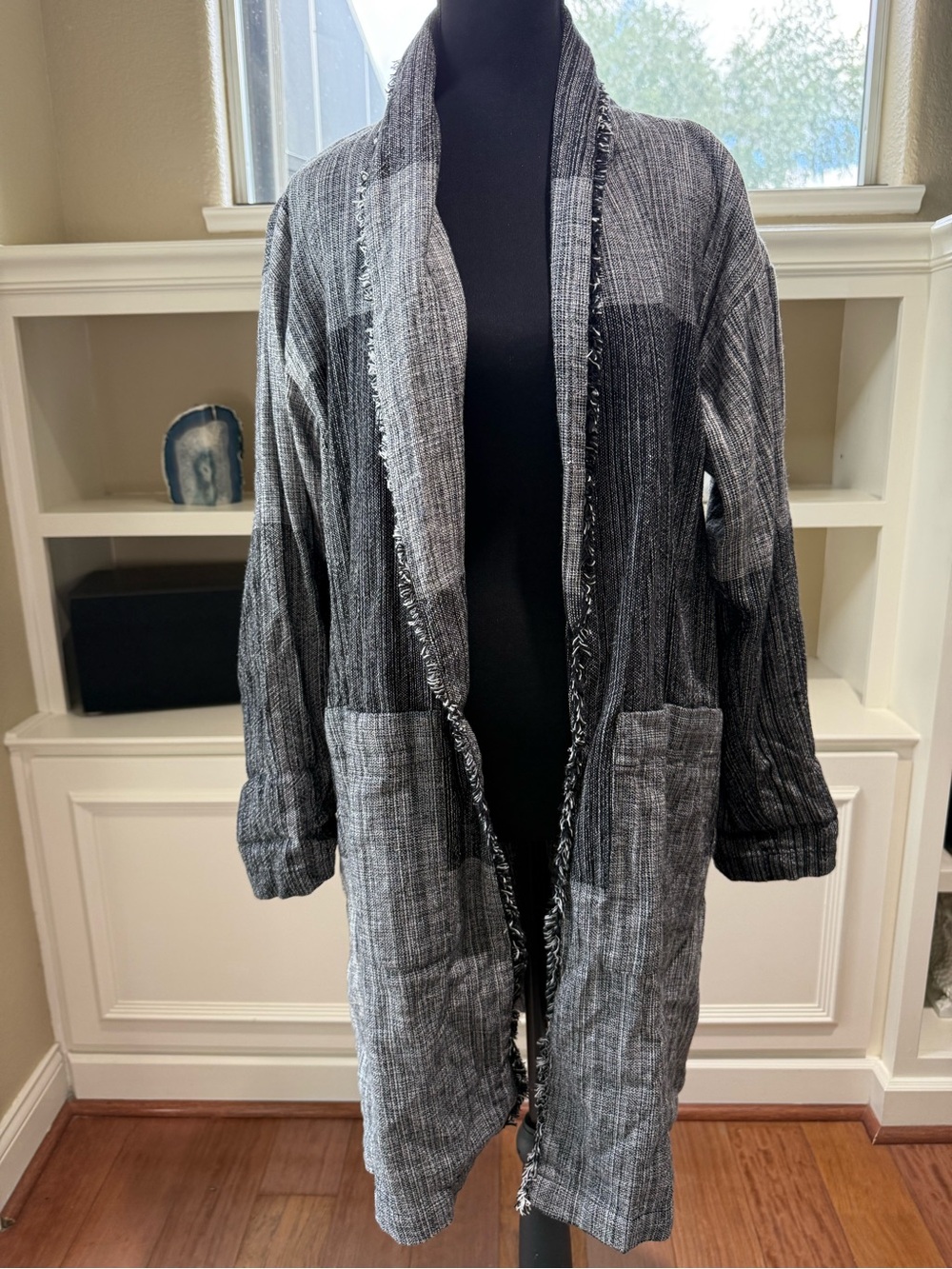 Eileen Fisher Gray Shawl Collar Jacket Striped Open-Front Longline Cardigan